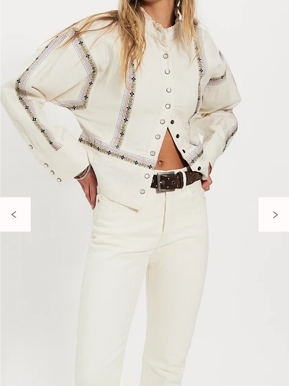 We The Free Cream Quilted Button-Front Embroidered Top